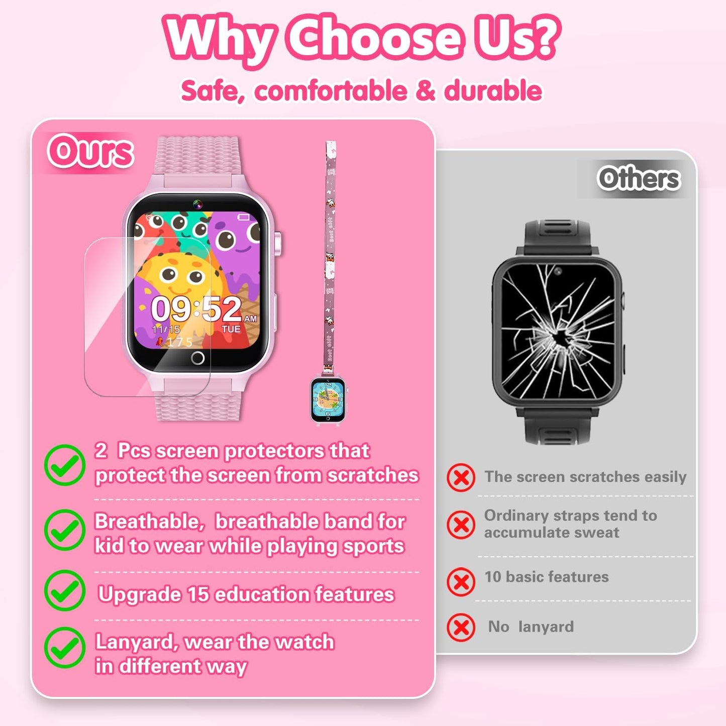 Smart Watch for Kids Girl Gift Ages 3-12, 2 Screen Protector, 26 Puzzle Games, HD Camera Video Music Player Touchscreen Pedometer, Educationtal Toy Brithday Gifts for Girl Ages 4 5 6 7 8 9 10(Pink)