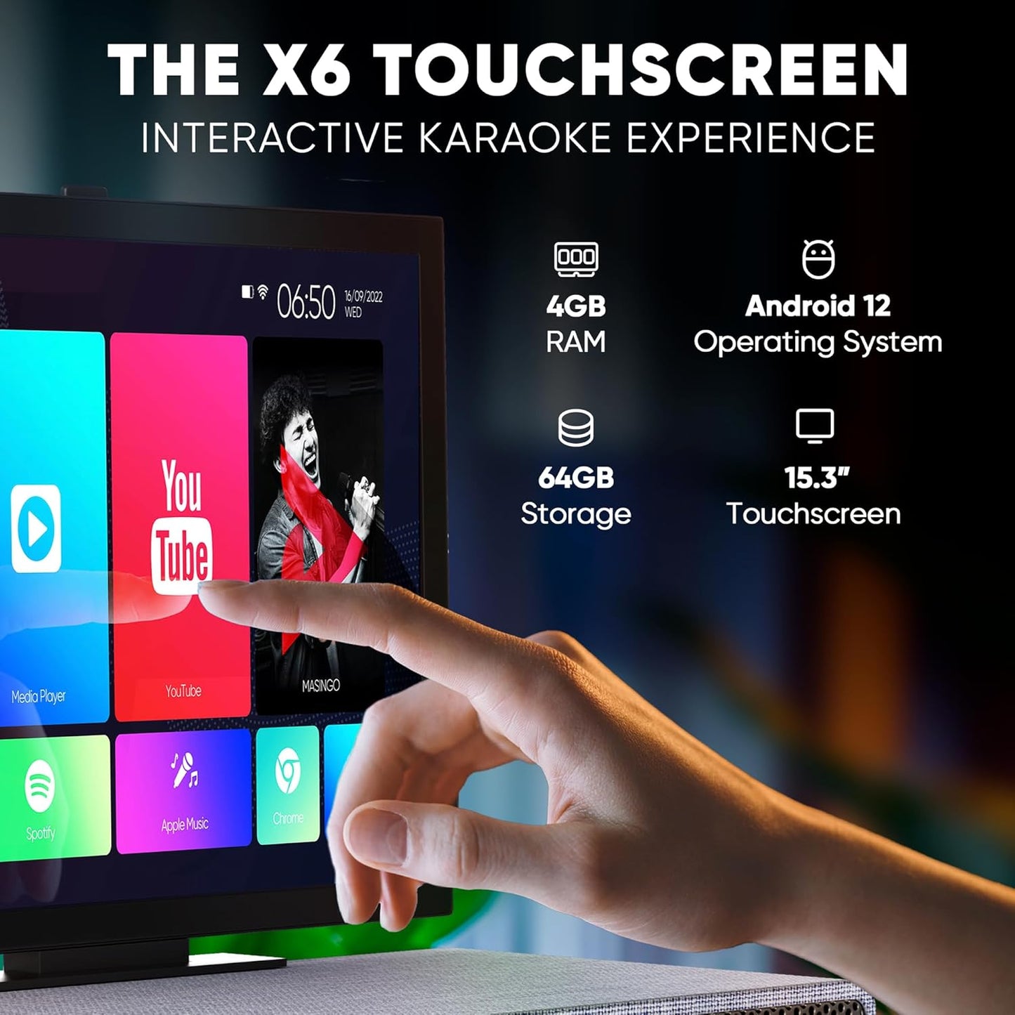 Professional Karaoke Machine with Lyrics Display Screen for Adults, 2 Wireless Microphones, Bluetooth Portable PA Speaker System Set with Built in 15" Touch Tablet with Android & WiFi, Alto X6