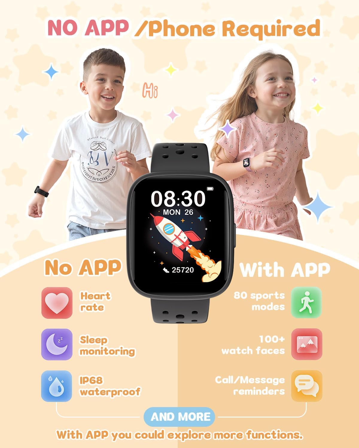 Kids Watch for Boys 5-12, Kids Smart Watch Fitness Tracker Pedometer, No Phone Needed, Puzzle Games with Parental Control, IP68 Waterproof, Heart Rate, Sleep Monitor, Step Counter, 80 Sports