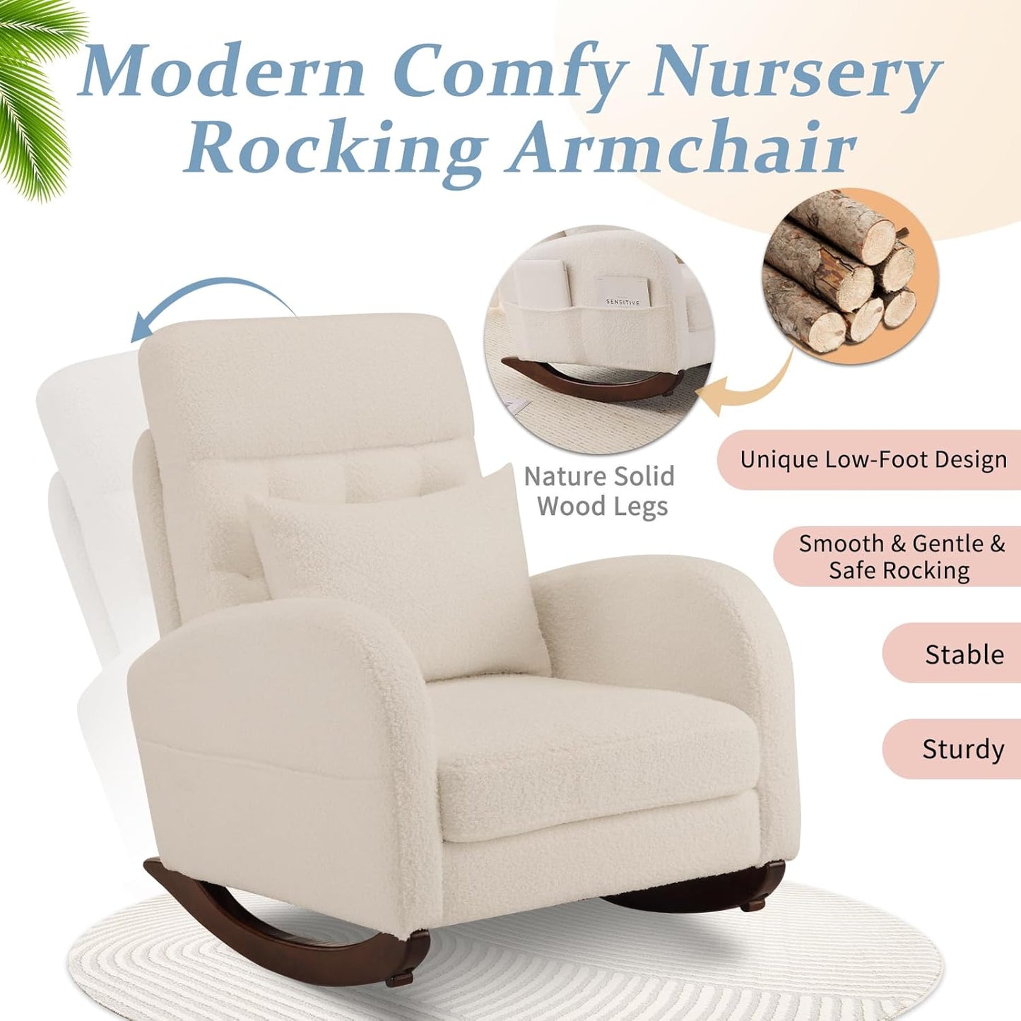 VINGLI Teddy Fleece Low Seat Rocking Chair,Boucle Upholstered Nursery Glider Chair with Side Pockets,Accent Arm Chair with High Backrest,Comfy Head Rest,Solid Wood,for Living Room, Bedroom,Beige
