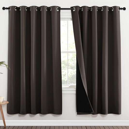 NICETOWN 100% Blackout Window Curtain Panels, Brown, 2 Pieces, 70-inch Wide Per Panel, Full Light Blocking Drapes with Black Liner for Nursery, 72-inch Drop Thermal Insulated Draperies