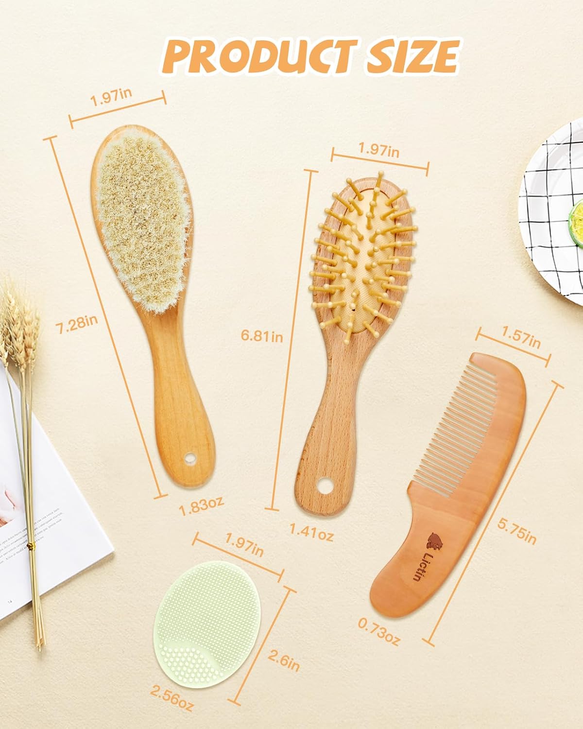 Lictin Baby Hair Brush and Comb Set, 4 Pcs Newborn Hair Brush with Soft Bristle, Natural Goat Hair and Wood Baby Cradle Cap Comb for Newborns & Toddlers, Newborn Baby Essentials, Perfect Registry Gift