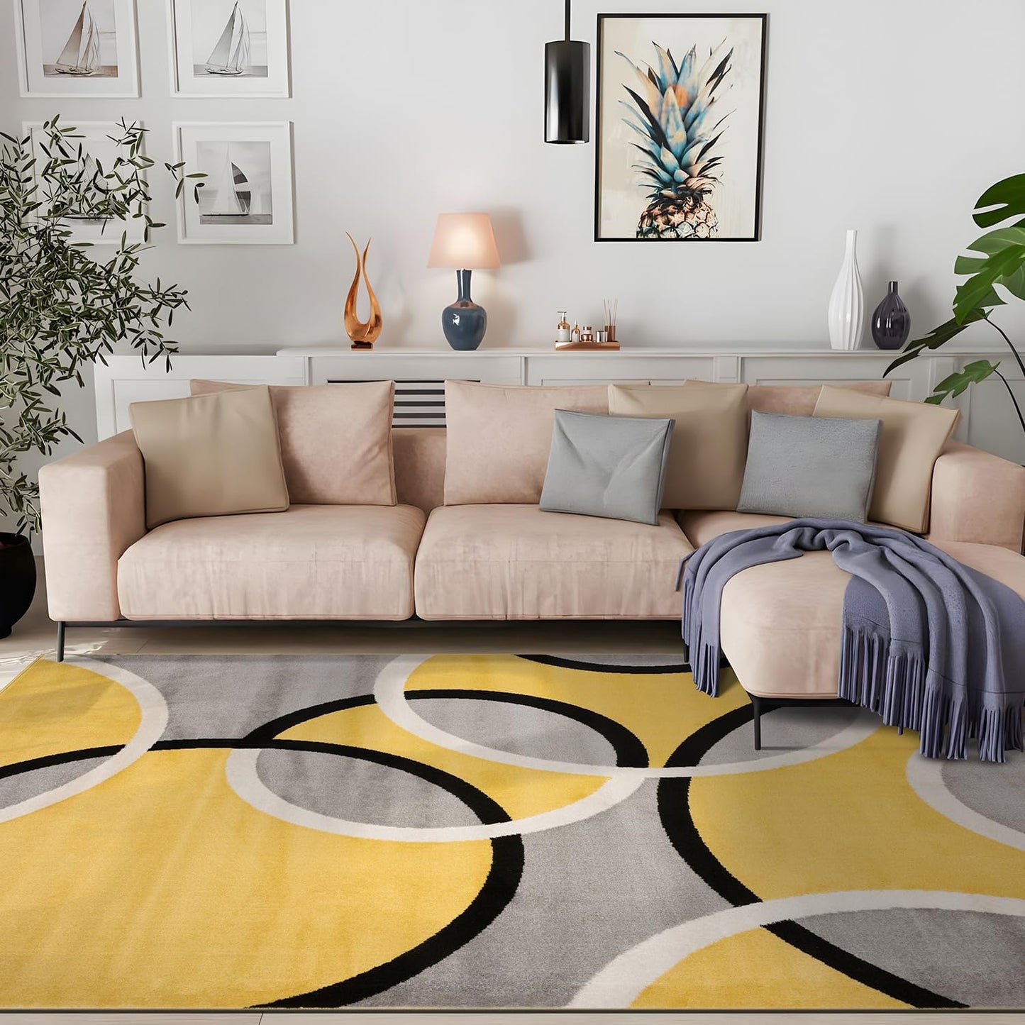 Rugshop Contemporary Abstract Circles Easy Maintenance for Home Office,Living Room,Bedroom,Kitchen Soft Area Rug 6'6" x 9' Yellow
