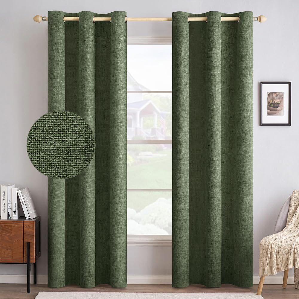 MIULEE 100% Blackout Linen Textured Curtains for Bedroom Solid Thermal Insulated Olive Green Grommet Room Darkening Curtains & Drapes Luxury Decor for Living Room Nursery 42 x 90 Inch (2 Panels)