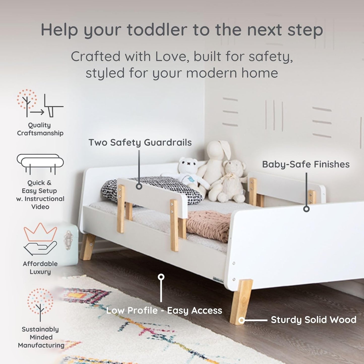 Dadada Muse Toddler Bed with 2 Removable Safety Rails. Low Profile Montessori Bed for Kids. Sturdy Solid Wood Frame, Fits Standard Crib Mattress, Easy to Assemble, Toddler Bed for Boys & Girls - White