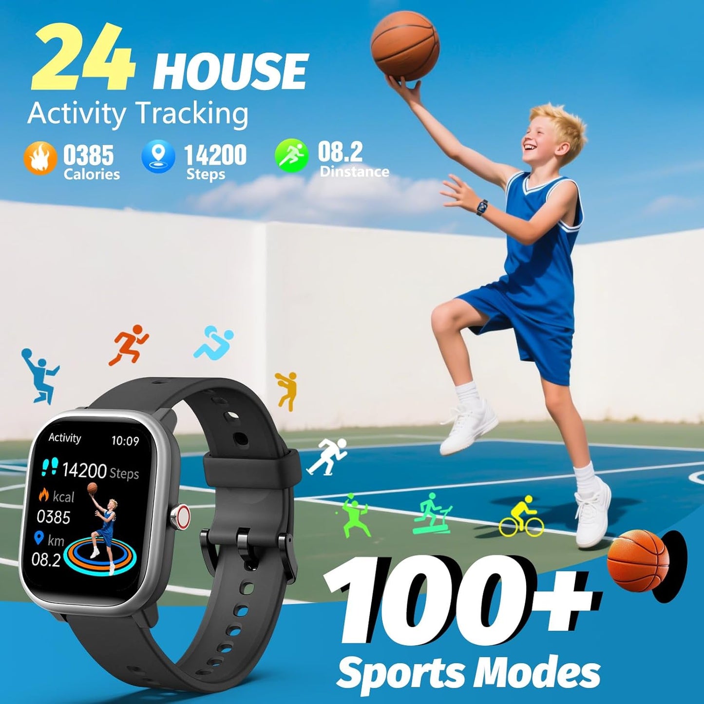 Kids Wach for Girls Boys 6-15 Year Old - Smart Watch for Kids 1.8" Fitness Tracker,No Phone Needed,Pedometer Sleep Monitor Heart Rate Waterproof,Puzzle Game for Girls Boys Teens Birthday Gift (Black)