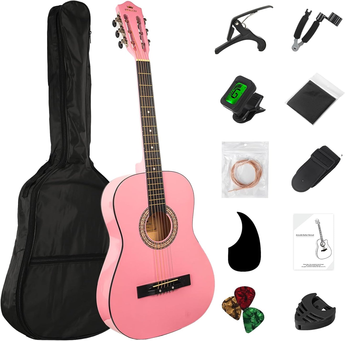 38in Beginner Acoustic Guitar Basic Starter Kit Tuner Bag Capo Strings Winders Strap Picks Student/Kids Guitar Pickguard with Gig Bag Pink