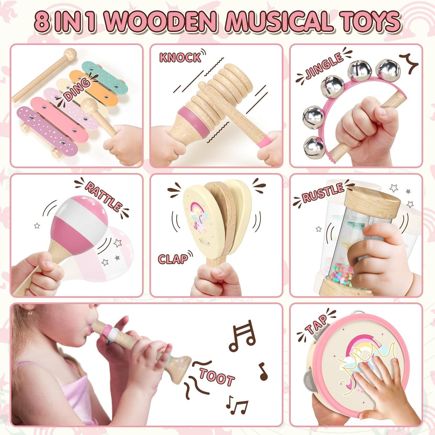 Baby Musical Instruments for Toddlers 1-3, Montessori Wooden Toys for 1 Year Old, Xylophone Maracas Percussion Set with Storage Bag, Learning Toys for Boys Girls Age 2-4, Christmas Birthday Gift, Pink