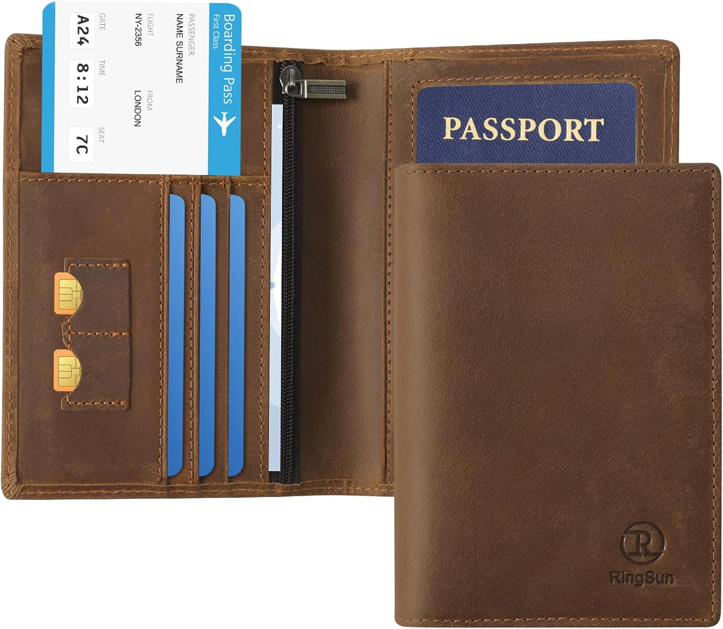 Ringsun Leather Passport Cover for Men Women, RFID Passport Wallet Case Travel Passport Holder for Family