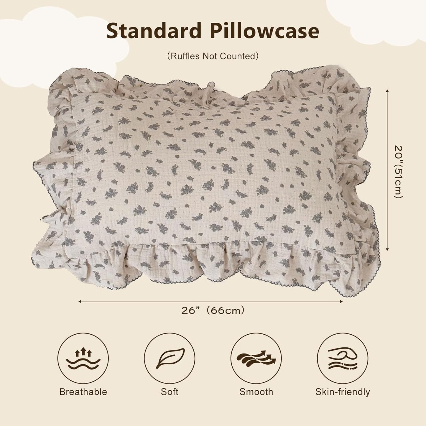 BuLuTu Blue Orchid Flower with Dots Design Kids Pillow Case Standard Size, 20"x26", 1 pc, Soft Breathable Cotton Muslin Pillowcase Durable Pillow Cover for Children Bed, All Seasons