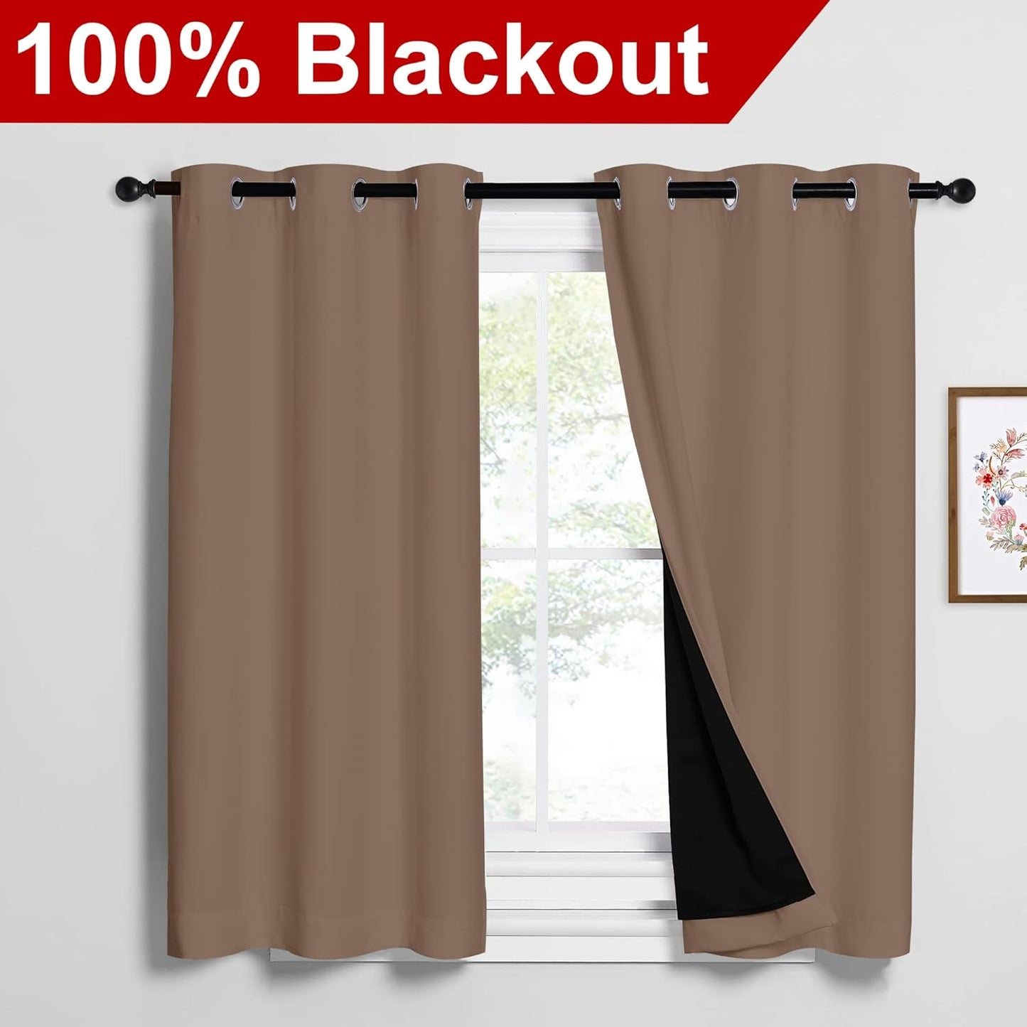 NICETOWN Bedroom Full Blackout Curtain Panels, Super Thick Insulated Window Covers, Keeping Out Cold Air and Heat 100% Blackout Blinds with Black Liner (Cappuccino, Set of 2 PCs, 42 by 54-inch)