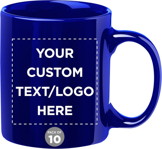 Custom Ceramic Coffee Mugs 11 oz. Set of 10, Personalized Bulk Pack - Coffee cup set, Iced coffee cup, Gaming mug - Royal Blue