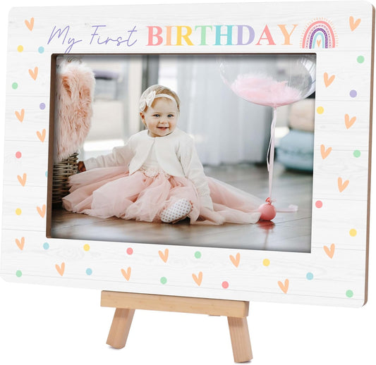 My 1st Birthday Picture Frames, Rainbow Wooden 4x6 Photo Frame with Easel, Baby First Year Birthday Gifts for Home Office Tabletop Display Decorations - G05