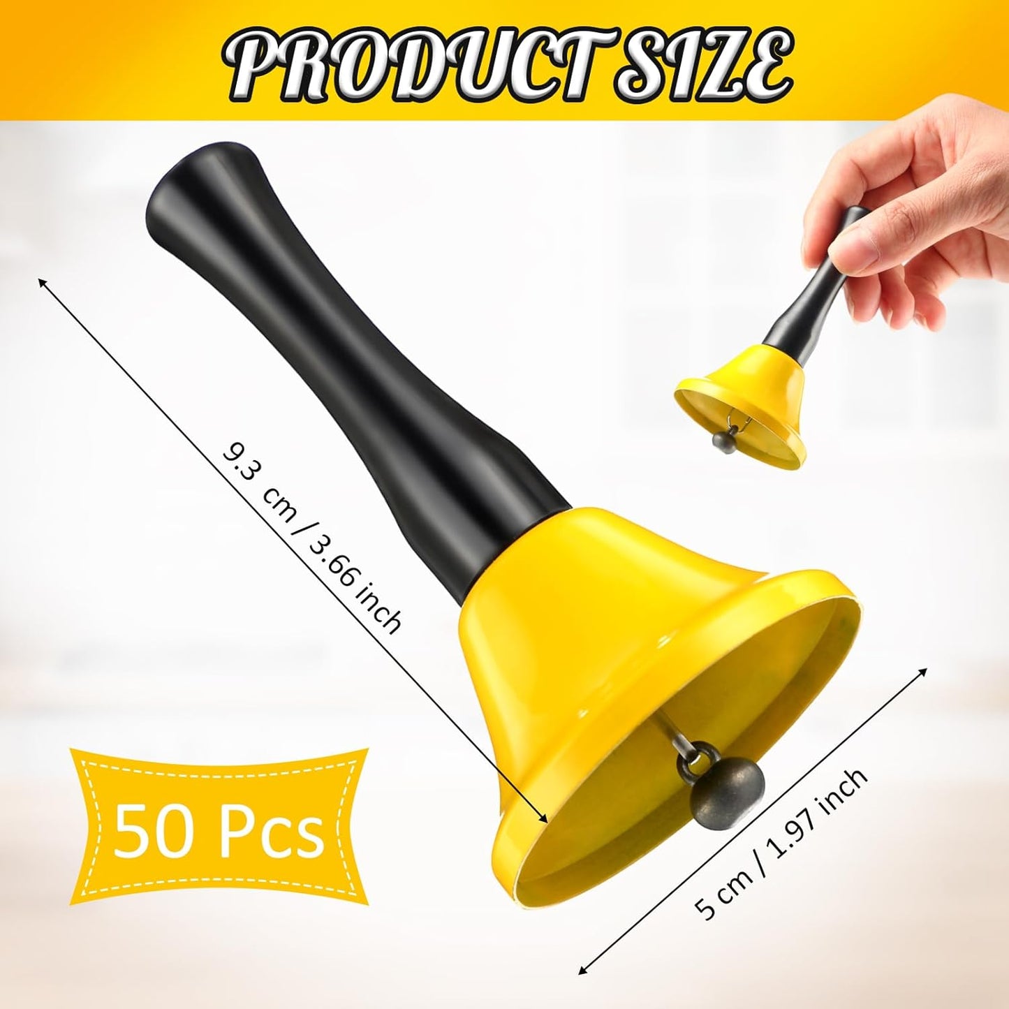Yeshone 50 Pcs Hand Steel Call Bells Bulk Wedding Dinner Service Bells with Wood Handles for the Sick Elderly Alert Classroom Alarm, 1.97 x 3.66 Inches(Yellow)