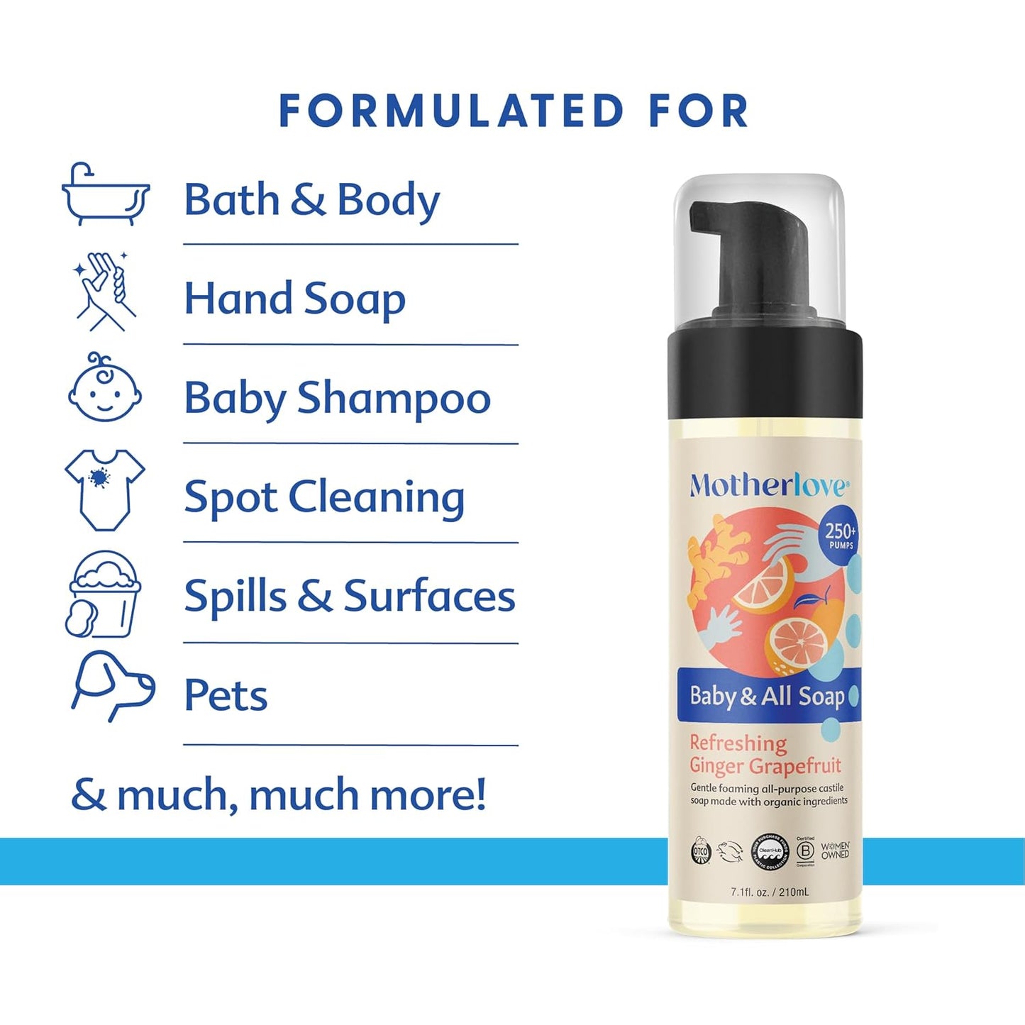 Motherlove Baby & All Soap (7.1 oz) Gentle Foaming All-Purpose Castile Soap Made with Organic Ingredients – Refreshing Ginger Grapefruit