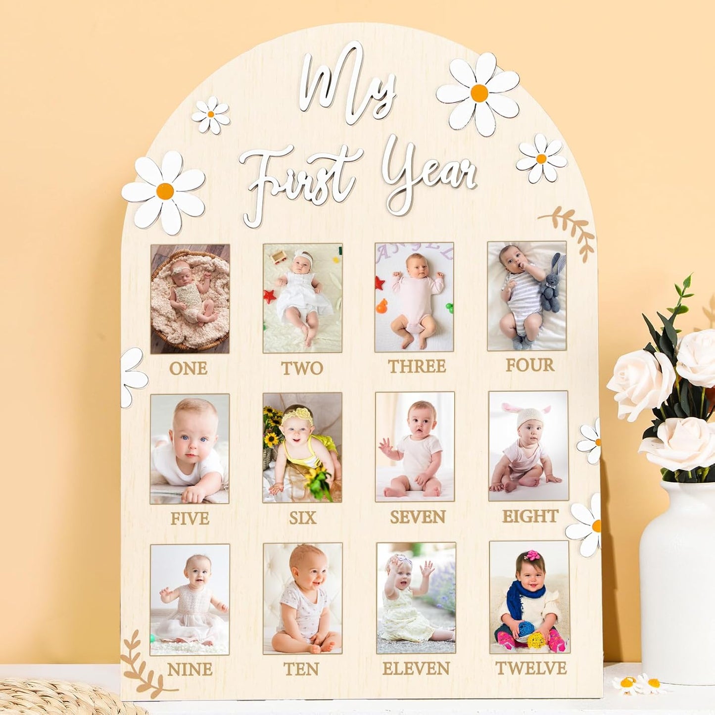Daisy First Year Photo Board Flower Birthday Party Wooden Board Decorations 12 Monthly Milestone Picture Frame One Year Old Wood Sign 1st Birthday Photo Banner for Baby Girls Keepsake Gift Supply