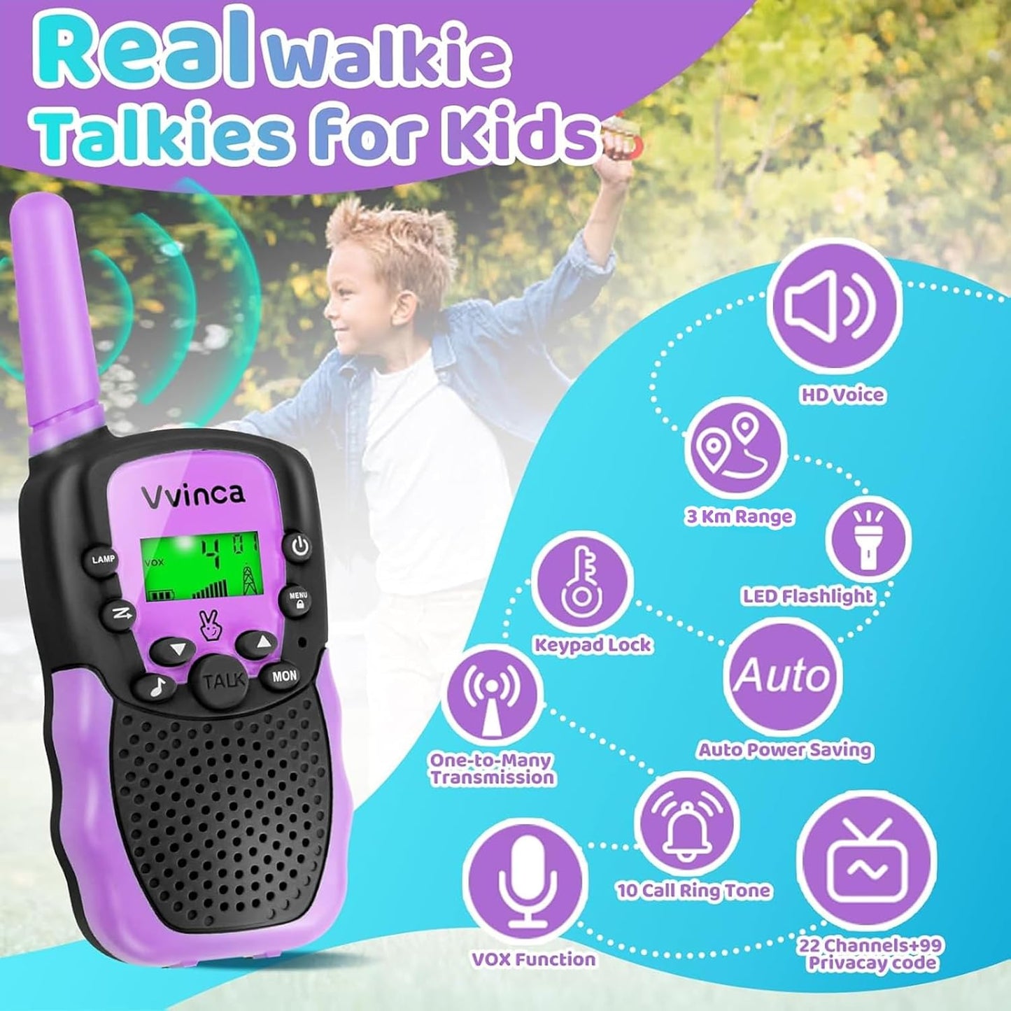 Vvinca Rechargeable Walkie Talkies for Kids, Toys for Ages 5-7 Birthday Gift for 3-12 Year Old Girl Boy with Flashlight 22 Channel 2 Way Radio 3 Mile Long Range Walkie Talkie for Outdoor Game Camping