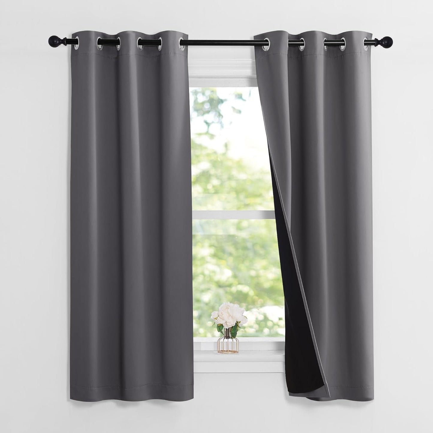 NICETOWN 100% Blackout Short Curtains with Black Liners, 2 Panels, 37" W by 60" L, Grey, Solid Thermal Insulated Full Blackout 2-Layer Lined Drapes, Energy Efficiency Window Draperies for Bedroom