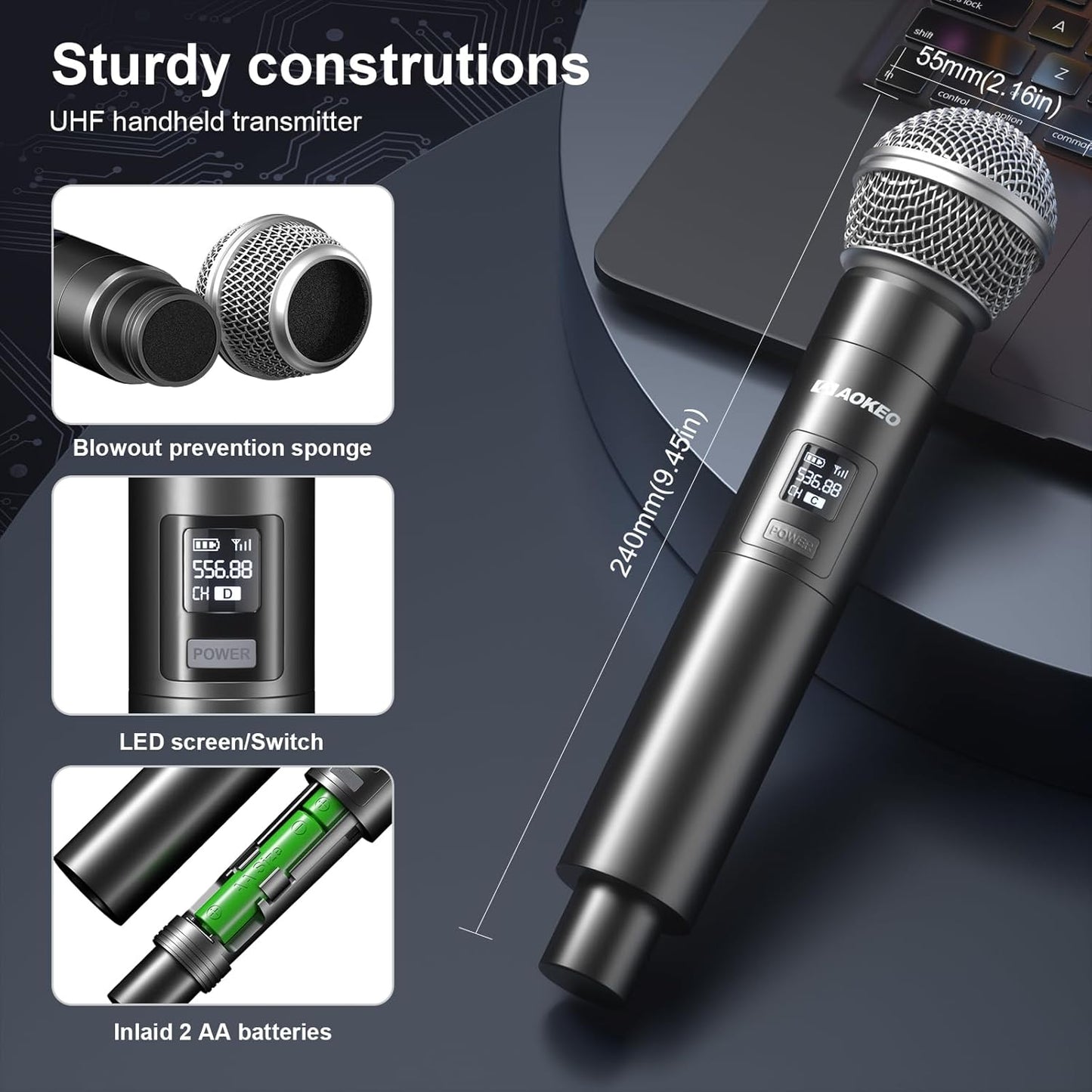 Aokeo Wireless Microphones System, 4 Channel UHF Wireless Mics,with 4 Handheld Dynamic Microphones,Metal Receiver for Karaoke,Singing,Wedding,Party,Speech,Church