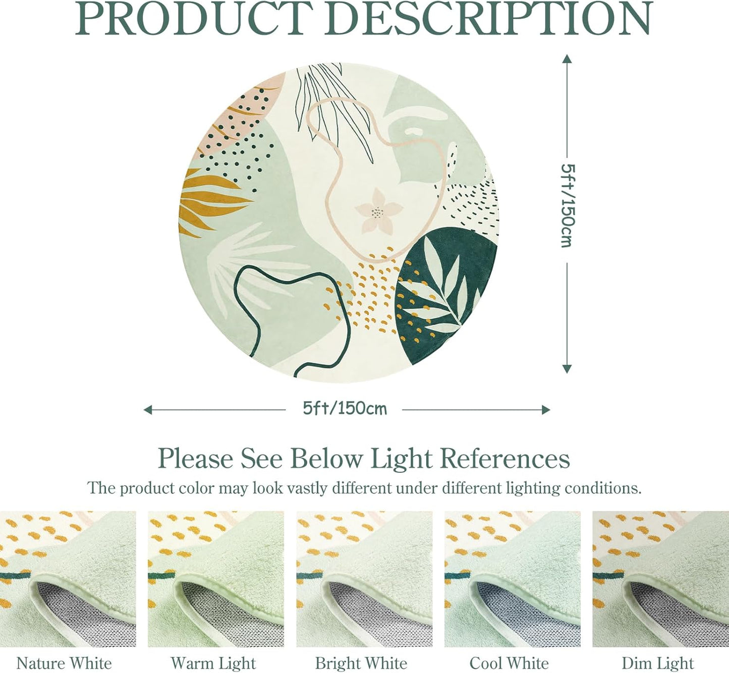 Lahome Green Round Area Rugs 5Ft - Washable Large Boho Round Rug for Living Room Non-Slip Throw Circle Rug for Dining Room Table,Soft Cute Botanical Print Floor Mat Carpet for Bedroom Office Bathroom