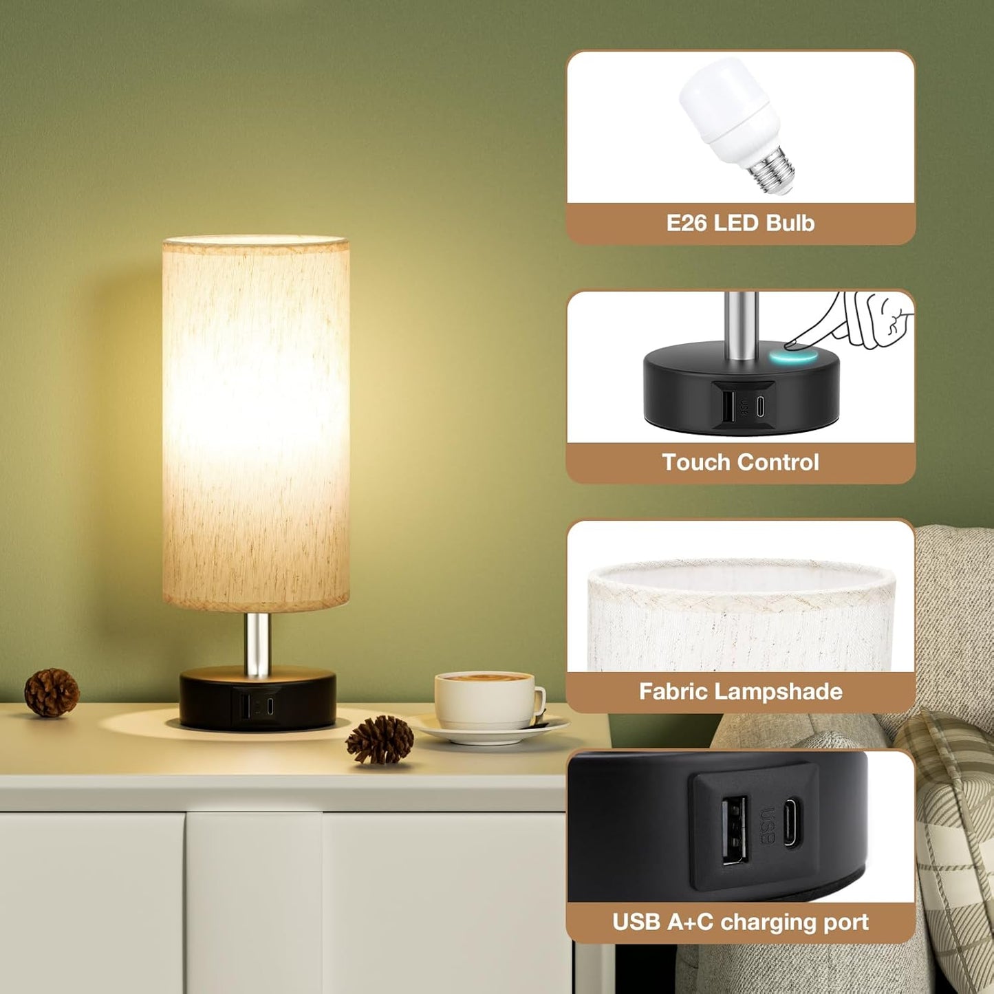 Small Touch Lamps Set of 2 - Table Lamps for Nightstand, Minimalist Bedside Lamps for Bedroom with 3000K Dimmable Bulbs