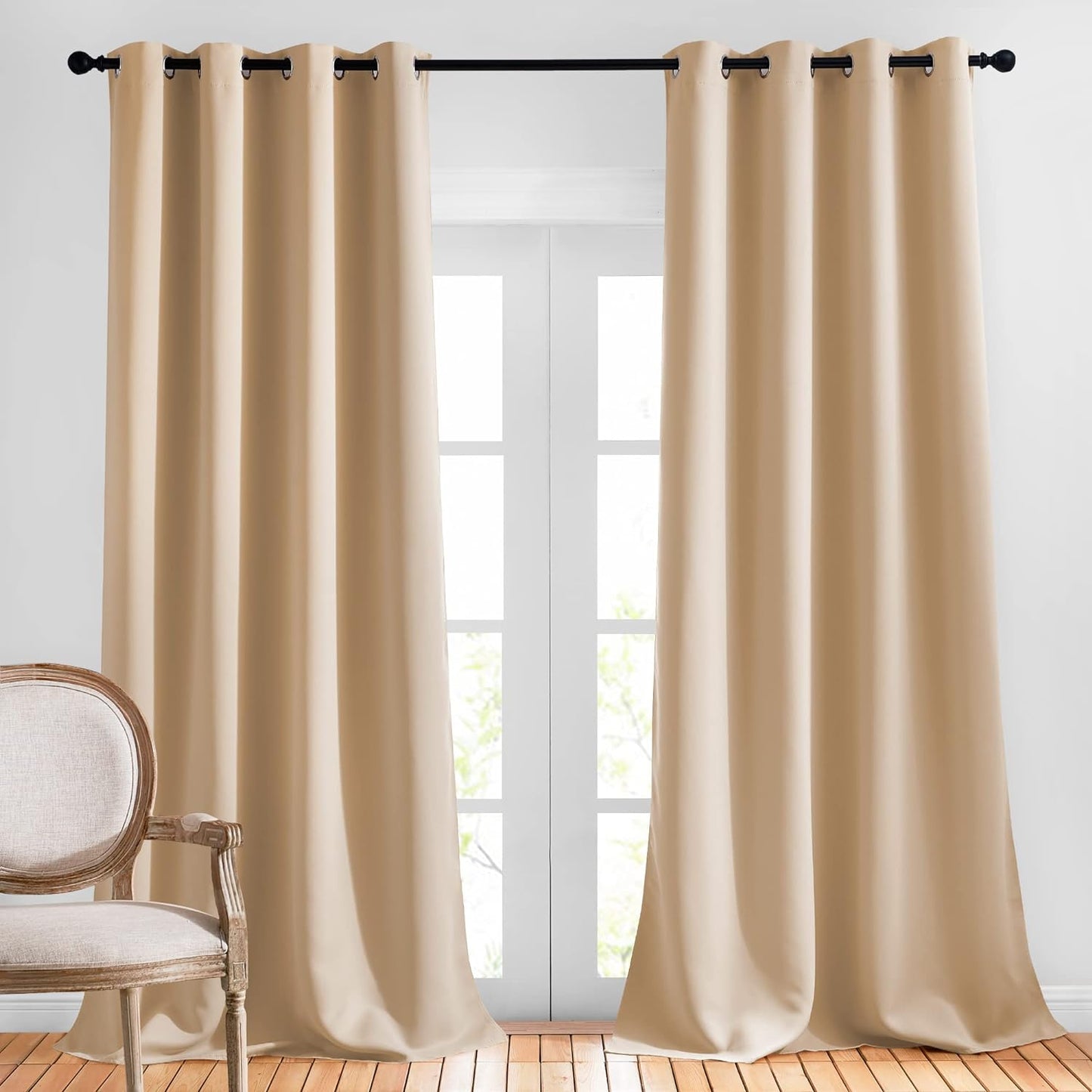 NICETOWN Bedroom Sunlight Block Curtains - Triple Weave Microfiber Grommet Top Thermal Insulated Solid Light Blinds Panels/Drapes for Kid's Room (Biscotti Beige, 1 Pair, 52 inches by 95 Inch)