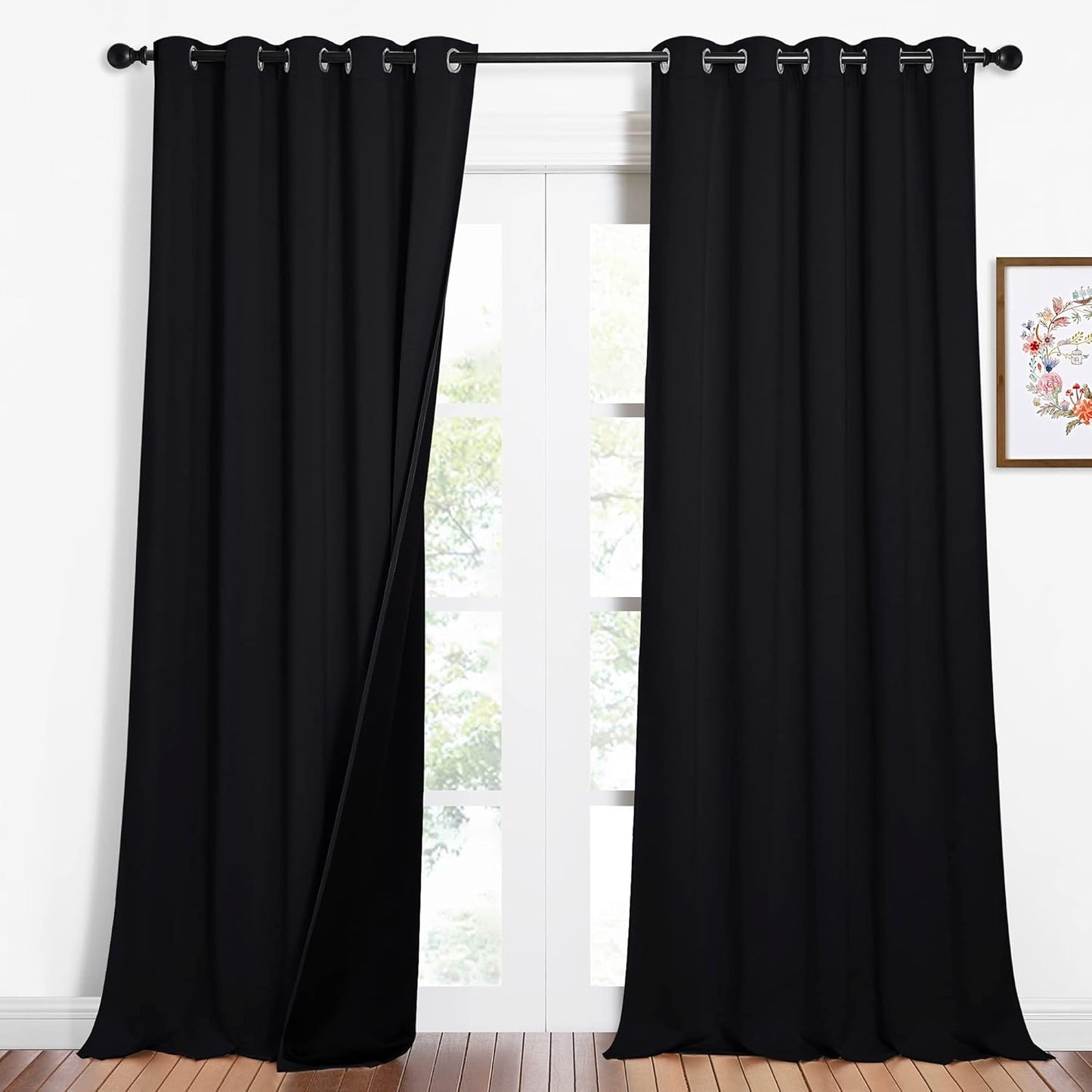 NICETOWN Cold Blocking 100% Blackout Curtains, Durable Black Lined Blackout Curtains for Bedroom, Energy Saving Long Curtains for Patio Sliding Glass Door, Black, 62 inches x 95 inches, 2 Panels