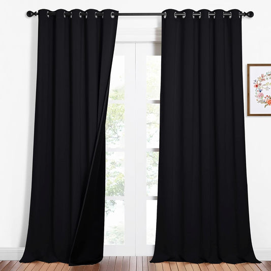NICETOWN Cold Blocking 100% Blackout Curtains, Durable Black Lined Blackout Curtains for Bedroom, Energy Saving Long Curtains for Patio Sliding Glass Door, Black, 62 inches x 95 inches, 2 Panels