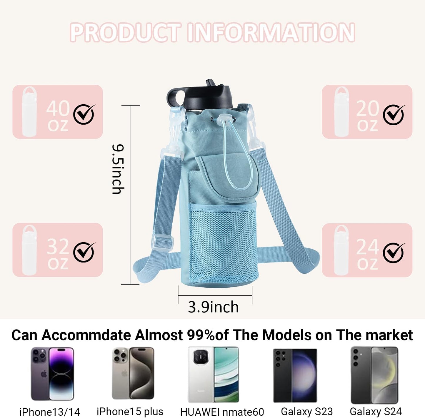 RRegeny【NEW STYLE Water Bottle Holder Crossbody Bag with Shoulder Strap, Leakproof Water Bottle Carrier for Hydro Flask16-40oz, Hands-Free Fitness Bag with Zipper Pockets for Hiking Travel Gym