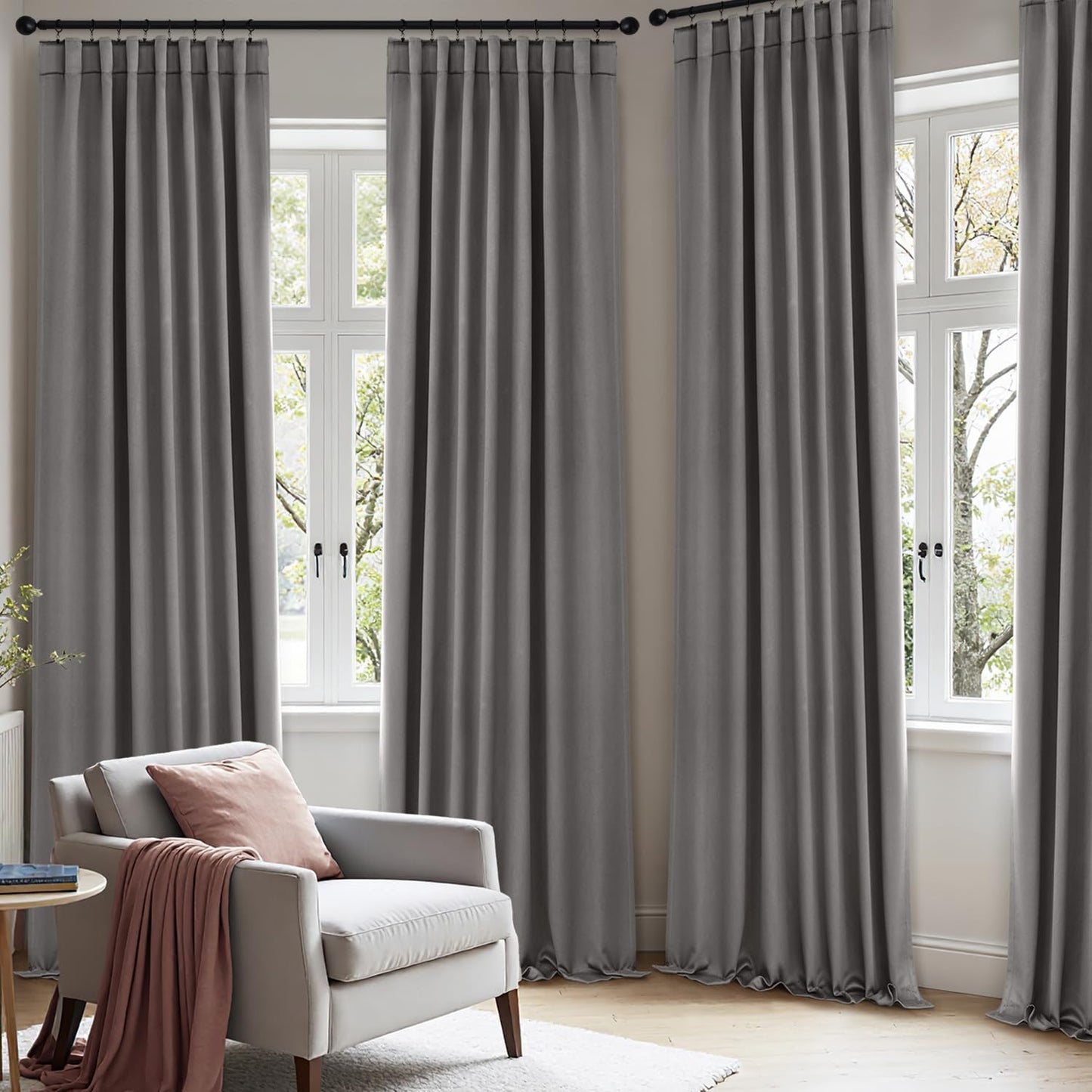 ANRODUO Back Tab Blackout Curtains for Bedroom Living Room, Rod Pocket Pinch Pleated Thermal Insulated Room Darkening Curtains 36 Inches Long 2 Panels, Grey, 42 x 36 Inch