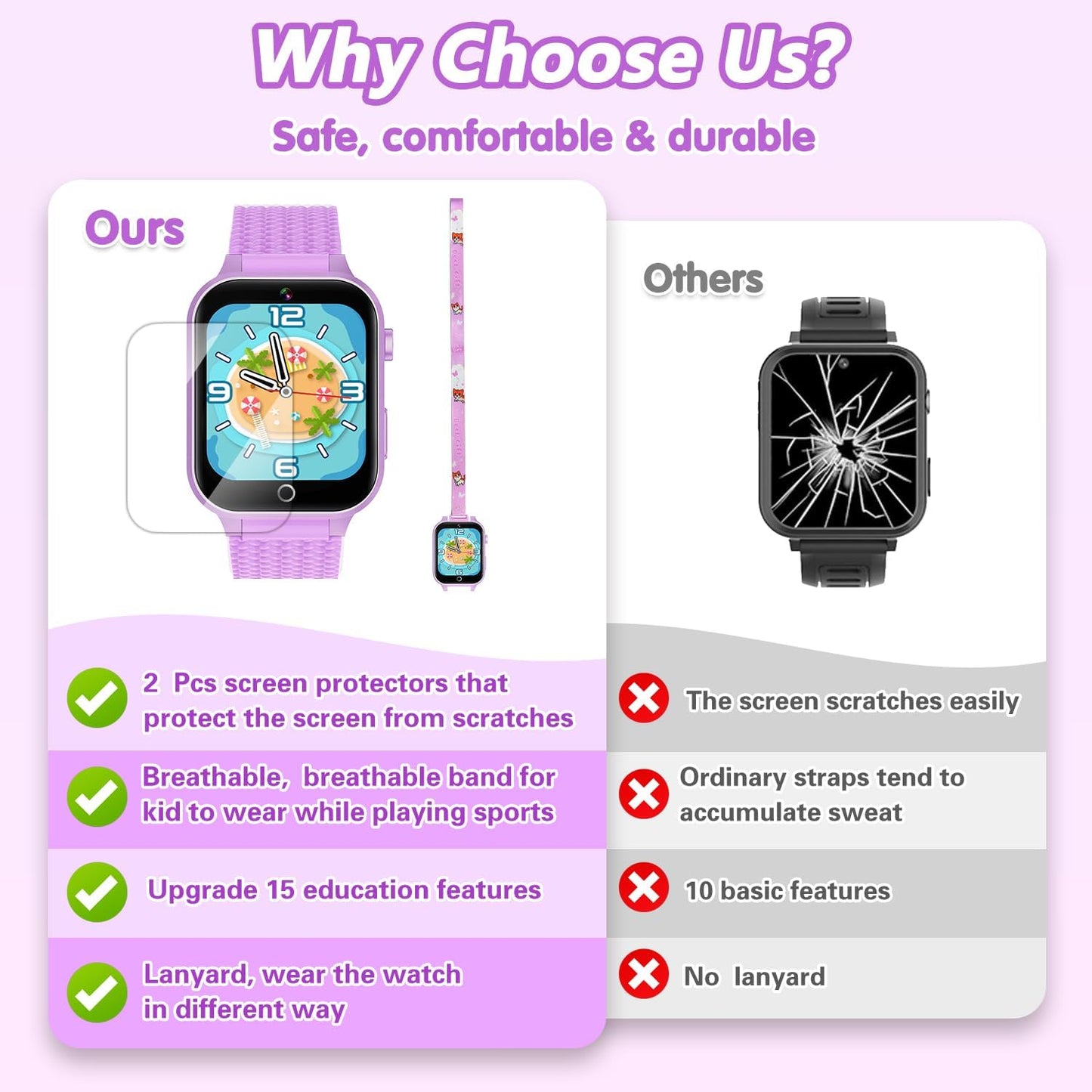 Smart Watch for Kids Girl Gift Ages 3-12, 2 Screen Protector, 26 Puzzle Games, HD Camera Video Music Player Touchscreen Pedometer, Educationtal Toy Brithday Gifts for Girl Ages 4 5 6 7 8 9 10(Purple)