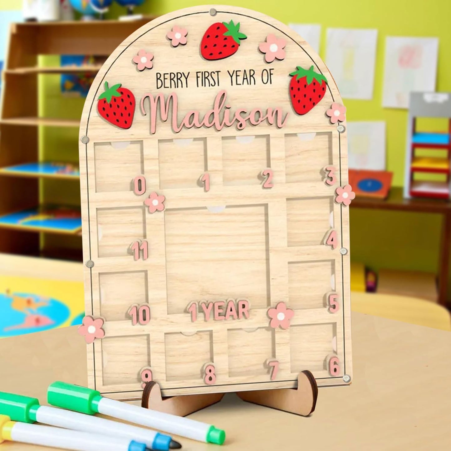 Personalized My First Year Photo Frame | 12 Months Picture Frame For Baby First Year | Displays One 4x4 Pics And Twelve 2x2 Pictures | Birthday Party Decor Newborn Memory Keepsake, Strawberry