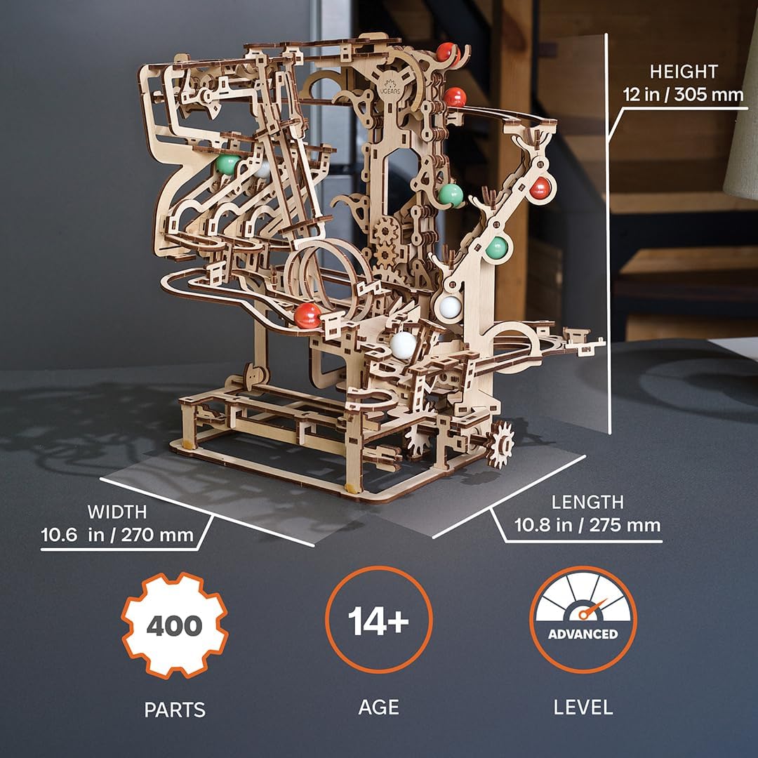 UGEARS Wooden Marble Run Chain Hoist - Mechanical 3D Wooden Puzzle for Adults, DIY Model Kit for Adults, Unique Puzzle - 3D Puzzle Marble Game Gifts - 400 Pieces