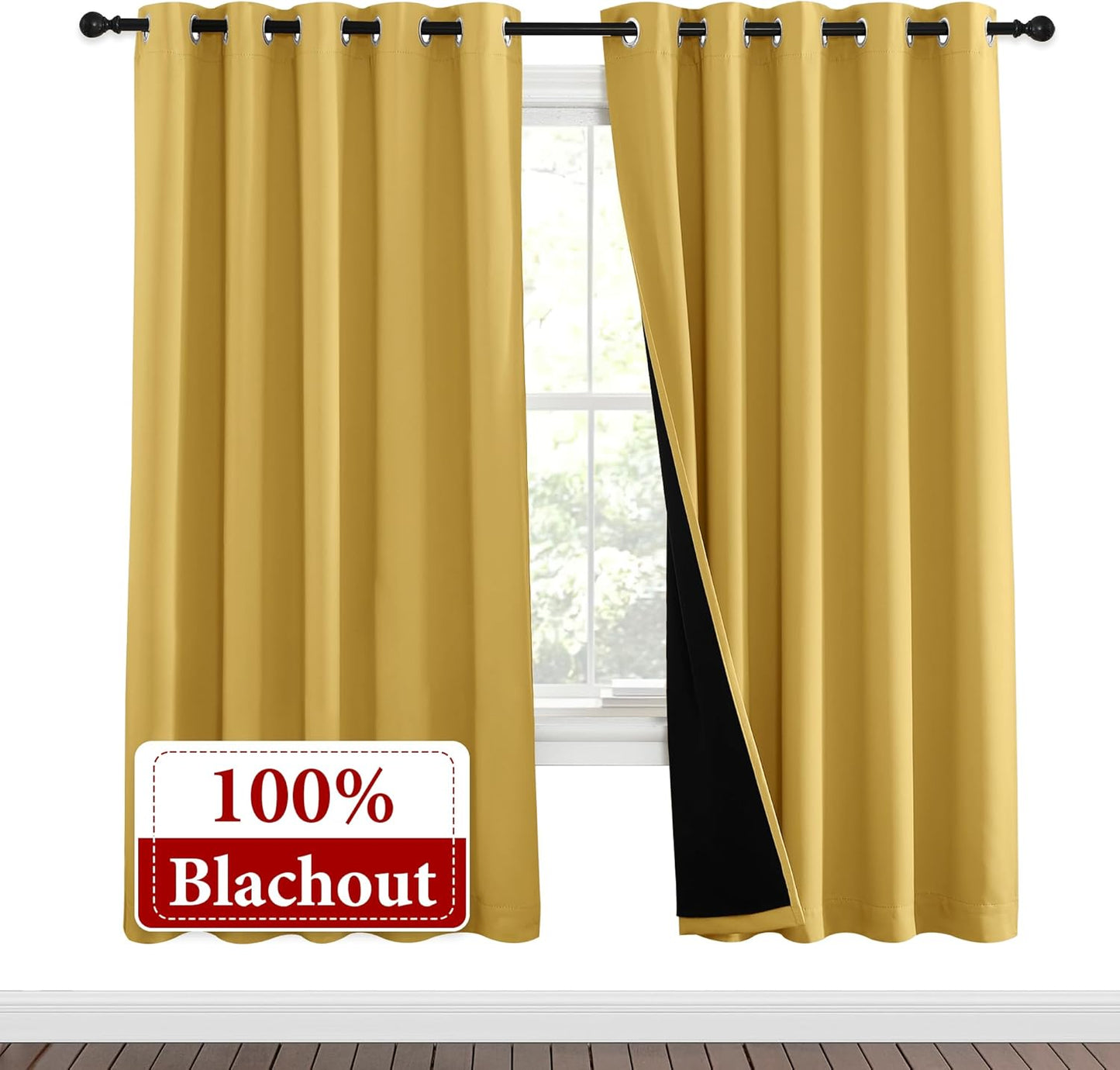 NICETOWN Bright Yellow Full Shade Curtain Panels, Pair of Energy Smart & Noise Blocking Out Blackout Drapes for Dining Room Window, Thermal Insulated Guest Room Lined Window Dressing(62 x 72 inch)