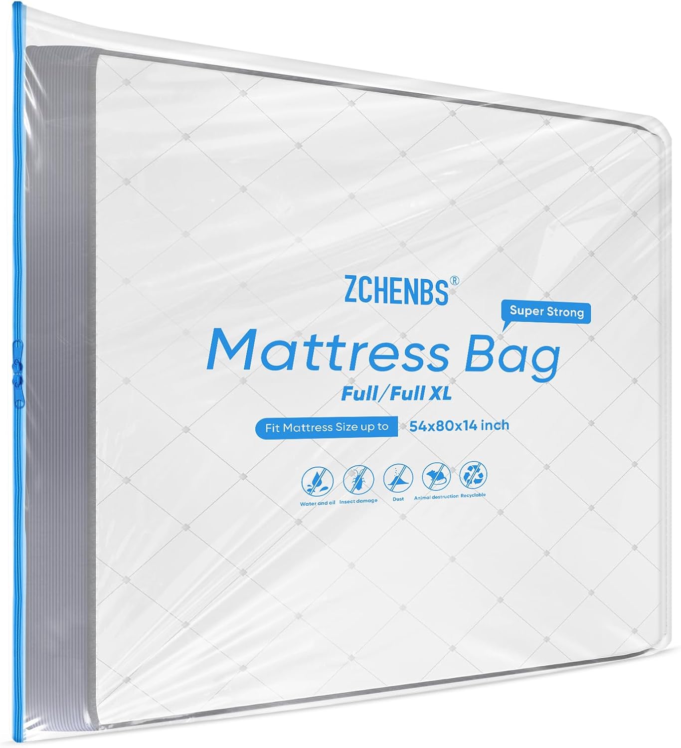 ZCHENBS® – Mattress Bags for Moving and Storage,Mattress Bag with Zippers,5 Mil Ultra-Thick Bed Bag,Waterproof,Anti-Tear,Heavy-Duty Mattress bag (Transaparent/Blue, Full/Full XL-(1 Pack))