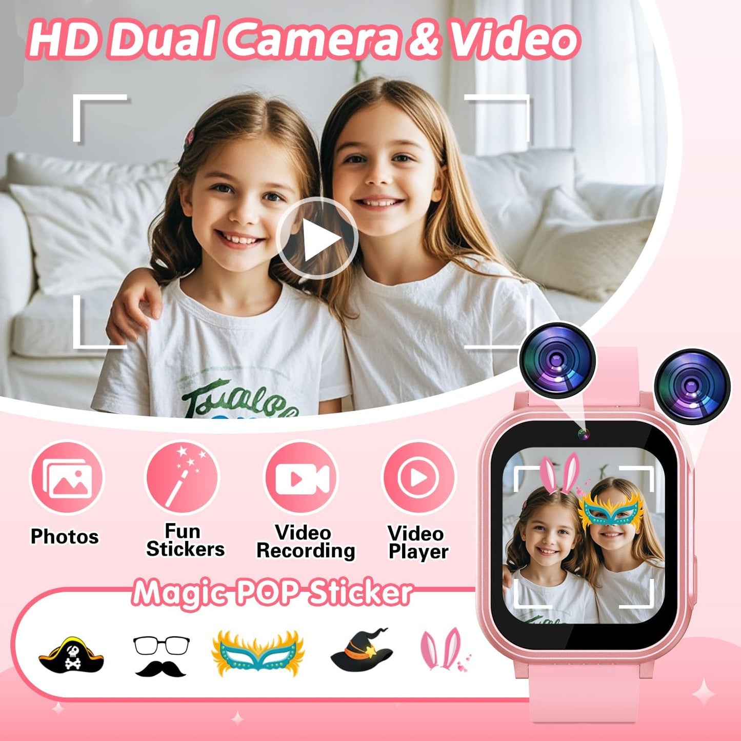 Cosjoype Kids Waterproof Smart Watch with 32 Games Dual Camera HD Touchscreen Music Player Pedometer Flashlight Habit Tracking Audiobook, Kids Toys Birthday Gifts for 5 6 7 8 9 10 Year Old Girls