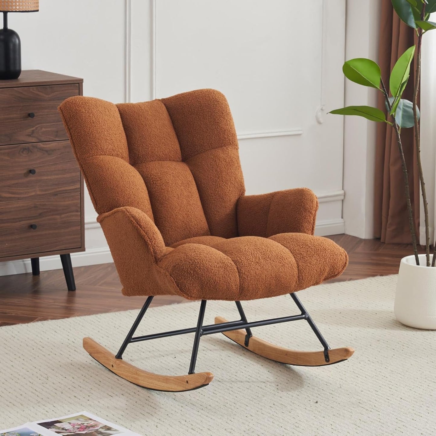 Rocking Chair Nursery Teddy Upholstered Glider Rocker Rocking Accent Chair Padded Seat with High Backrest Armchair Comfy Side Chair for Living Room Bedroom Offices (Brown Teddy)