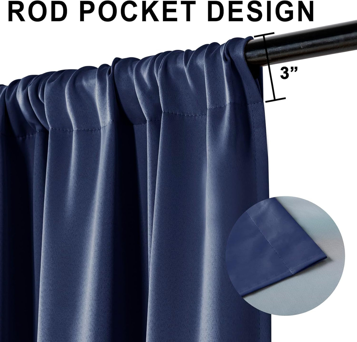 XWZO 100% Blackout Curtain Panels - Rod Pocket Thermal Insulated Black Liner, Noise Reducing and Heat Blocking Drapes for Hall and Studio Windows with Tiebacks, Navy Blue, W52 x L45, Set of 2