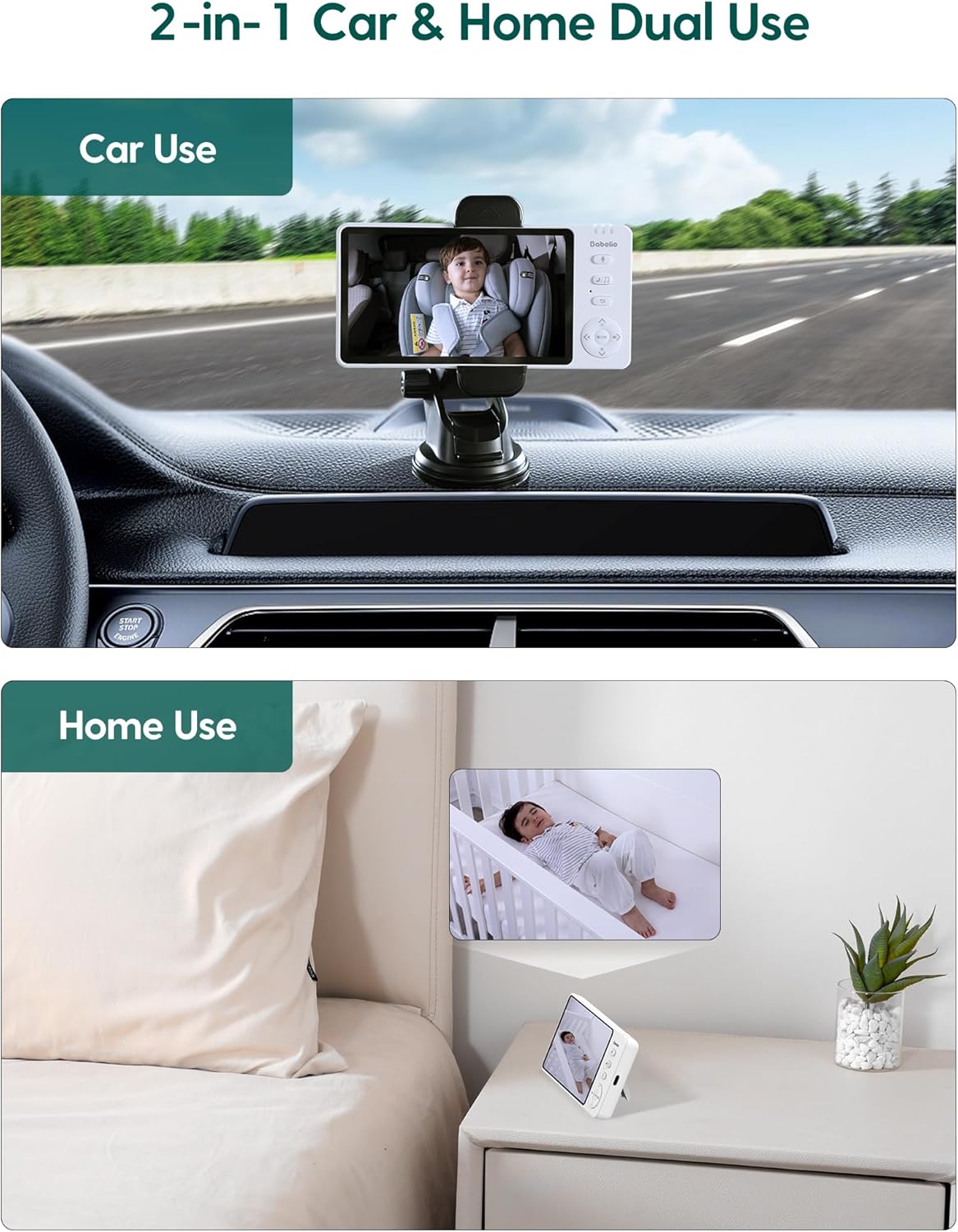 BABELIO Wireless Baby Car Camera with 5" HD Night Vision, Battery-Powered Rear Facing Car Seat Monitor for Kids and Pet, Easy Install 360° Rotatable Backseat Mirror, Newborns Travel Essentials Gifts