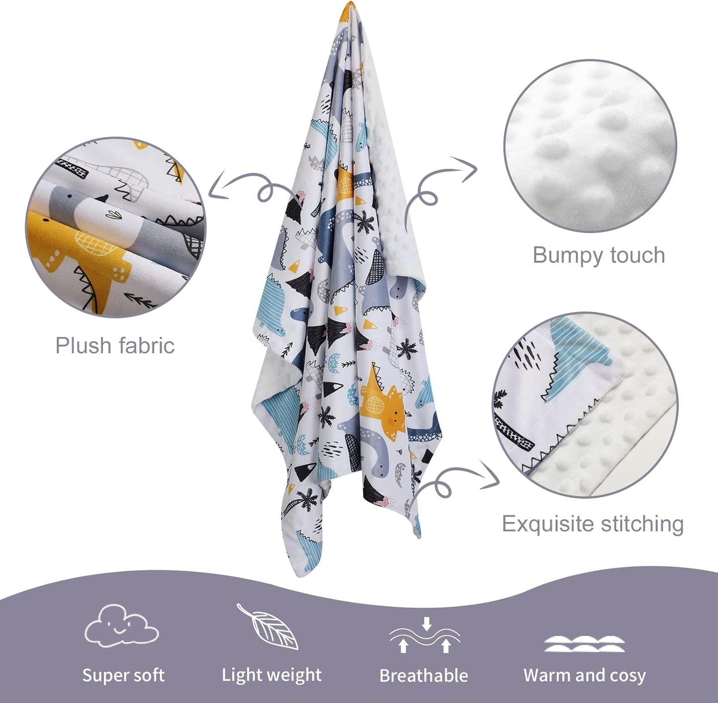 Baby Blanket for Boys Girls Soft Minky with Double Layer Dotted Backing, Color Dinosaurs Printed 30 x 40 Inch Receiving Blanket