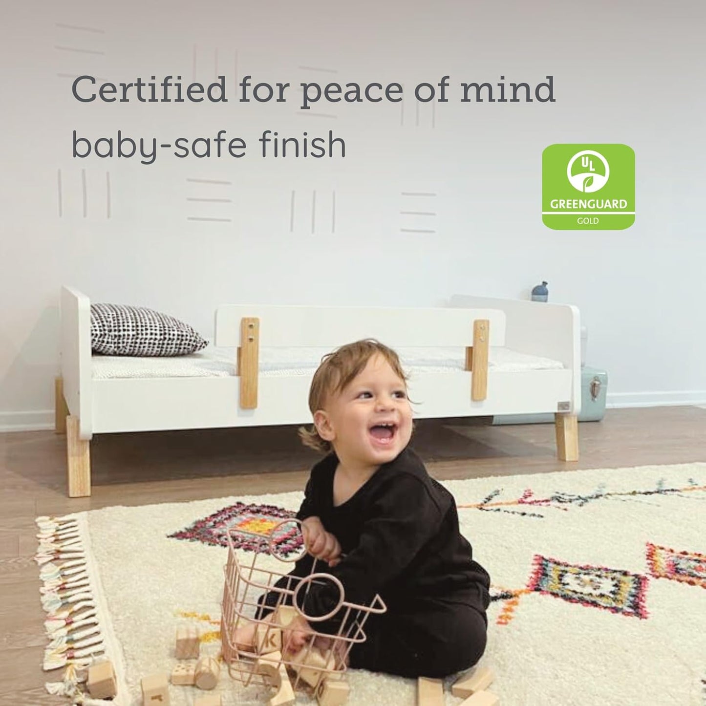 Dadada Muse Toddler Bed with 2 Removable Safety Rails. Low Profile Montessori Bed for Kids. Sturdy Solid Wood Frame, Fits Standard Crib Mattress, Easy to Assemble, Toddler Bed for Boys & Girls - White