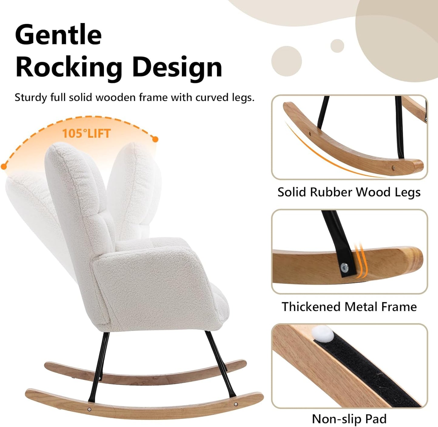 NIOIIKIT Nursery Rocking Chair Teddy Upholstered Glider Rocker Rocking Accent Chair Padded Seat with High Backrest Armchair Comfy Side Chair for Living Room Bedroom Offices (Ivory Teddy)