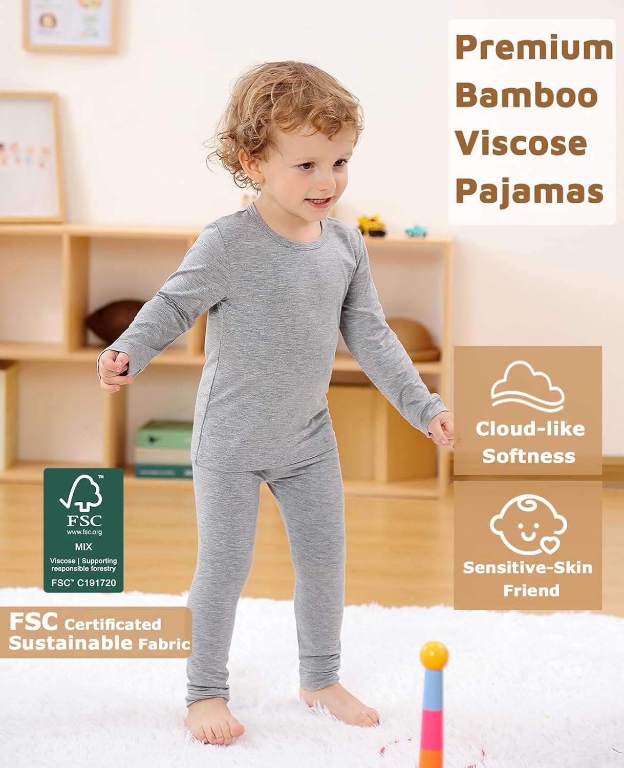 JunNeng Bamboo Viscose Pajamas for Toddler Baby, Boys Girls Solid Snug Fit Pajamas Long Sleeve Sleeper