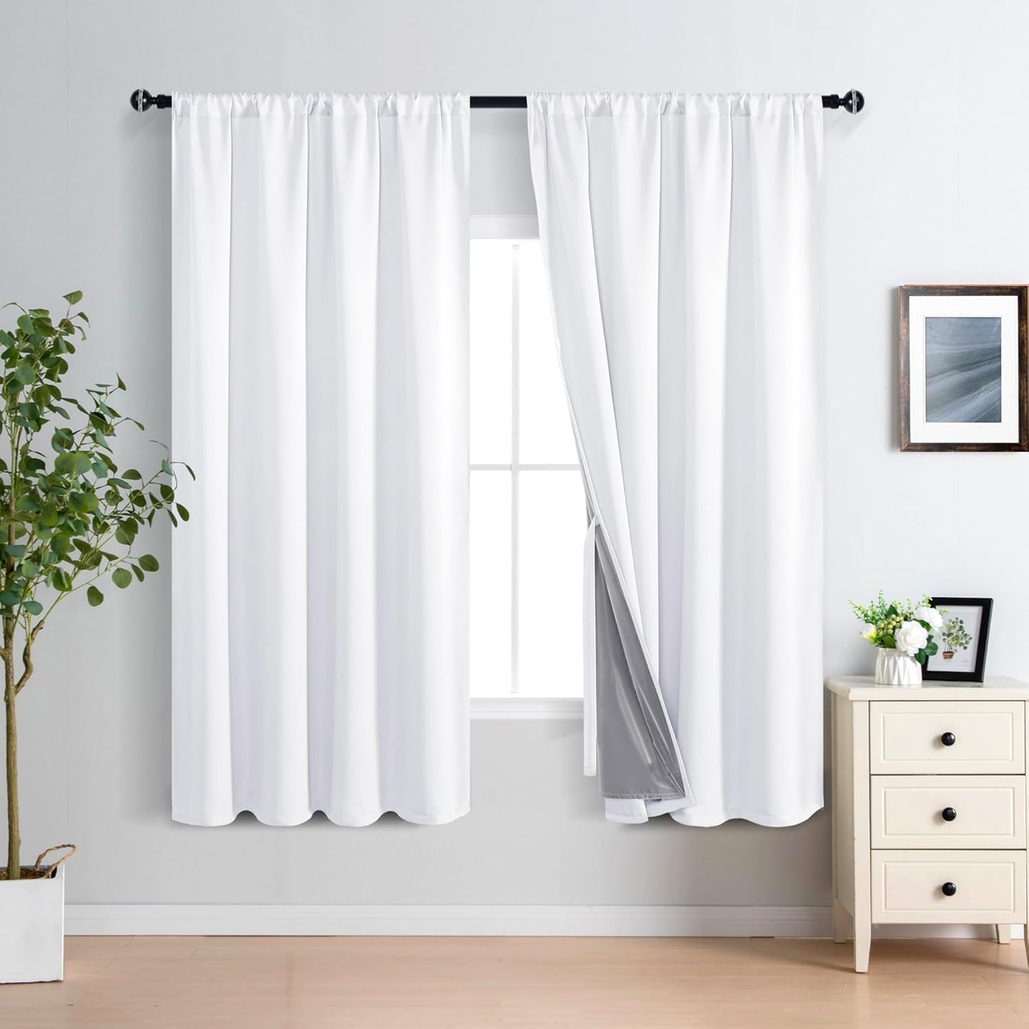 XWZO 100% Blackout Curtains 63 Inches Long - Rod Pocket Noise Reducing & Energy Efficiency Extra Wide Window Draperies with Black Liner for Bedroom/Living Room, White, W60 x L63, Set of 2