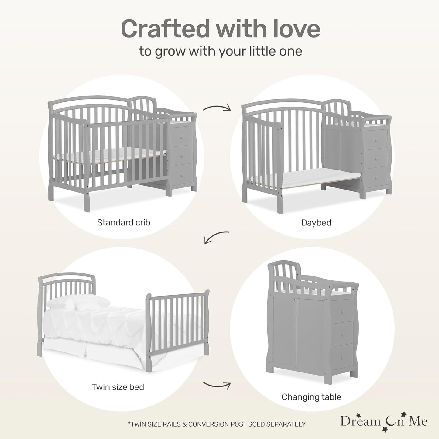 Dream On Me Casco 3-in-1 Mini Convertible Baby Crib & Changer with Storage, Pebble Grey, Pinewood, GreenGuard Gold & JPMA, 1” Mattress Pad, 3 Mattress Heights, Converts to Mini Day & Twin-Size Bed