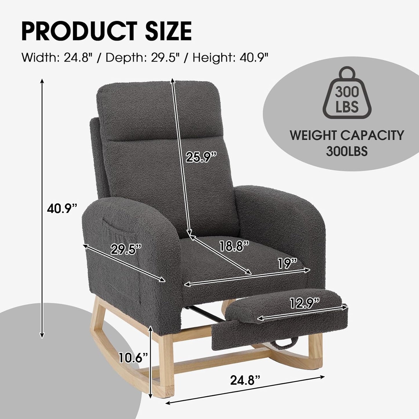 NIOIIKIT Modern Nursery Rocking Chair, Teddy Upholstered Rocking Chair with Footrest, Comfortable Rocker Chair with Side Pocket, Rocker Chair for Living Room, Bedroom, Nursing Room (Grey)