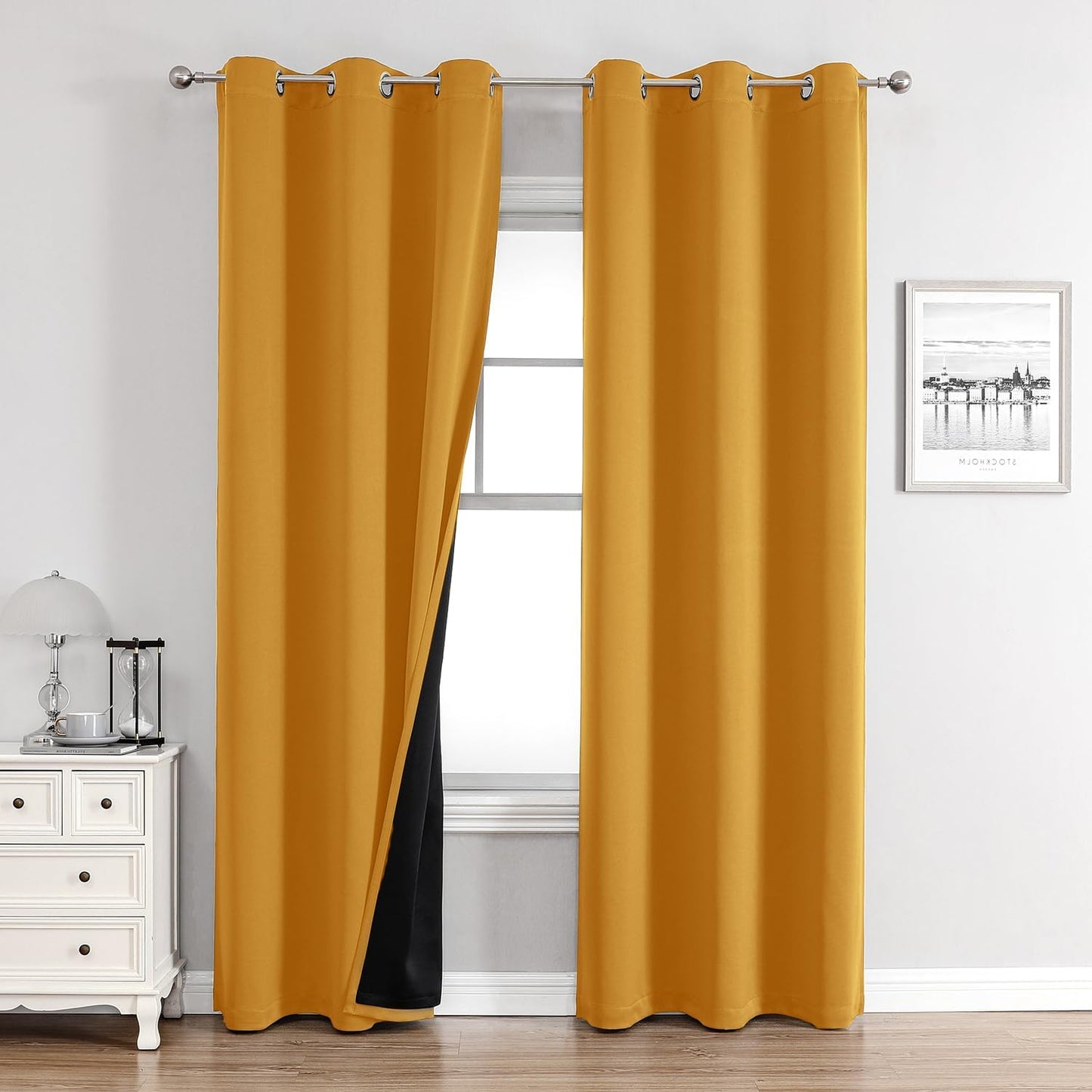 ChrisDowa 100% Blackout Curtains for Bedroom with Black Liner, 2 Thick Layers Total Blackout Thermal Insulated Grommet Window Curtains 2 Panels Set (Mustard Yellow, 42 x 84 Inch)