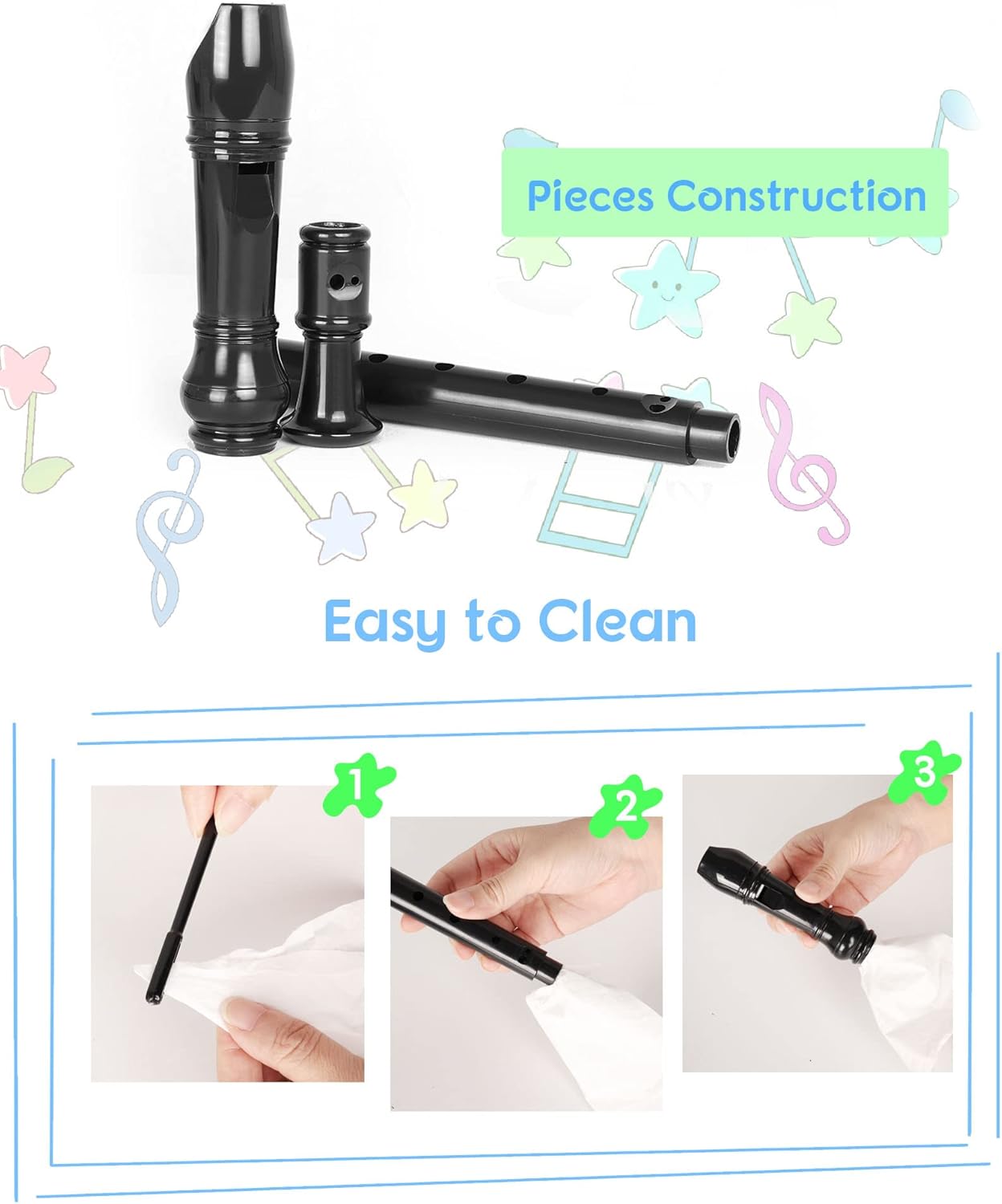 Mr.Power Soprano Recorder for Beginners School Students German Style C Key 8 Holes 3 Piece Instrument with Cleaning Rod, Thumb Rest, Fingering Chart, Packing Bag (Black)