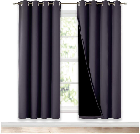 NICETOWN 100% Blackout Window Curtain Panels, Greyish Purple, 2 Pieces, 52" Wide Per Panel, Full Light Blocking Drapes with Black Liner for Nursery, 72" Drop Thermal Insulated Draperies