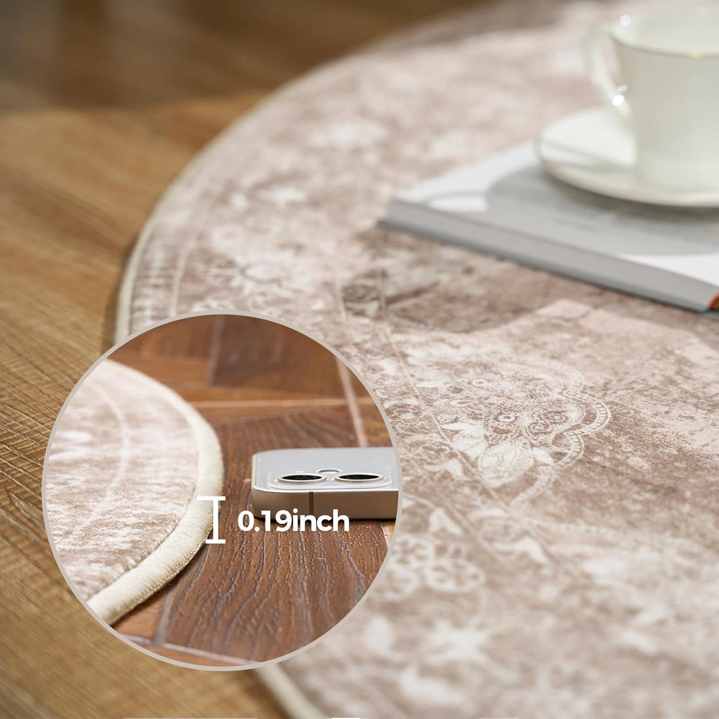 jinchan Round Rug 8ft Area Rug - Brown Vintage Floor Mat Kitchen Indoor - Washable Circle 8' Thin Floral Print Carpet Retro Farmhouse Non Slip Dining Room Living Room Bedroom Office